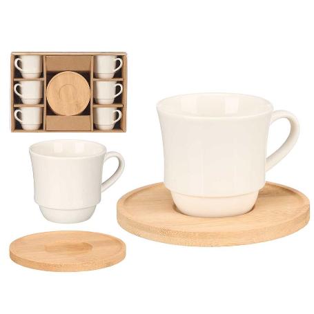 TAZAS PORCELANA 90 ML APILABLE PLATOS BAMBU CAFE  SET 6