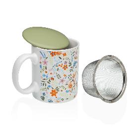 TAZA MUG PORCELANA + TAPA + FILTRO FLOWERS